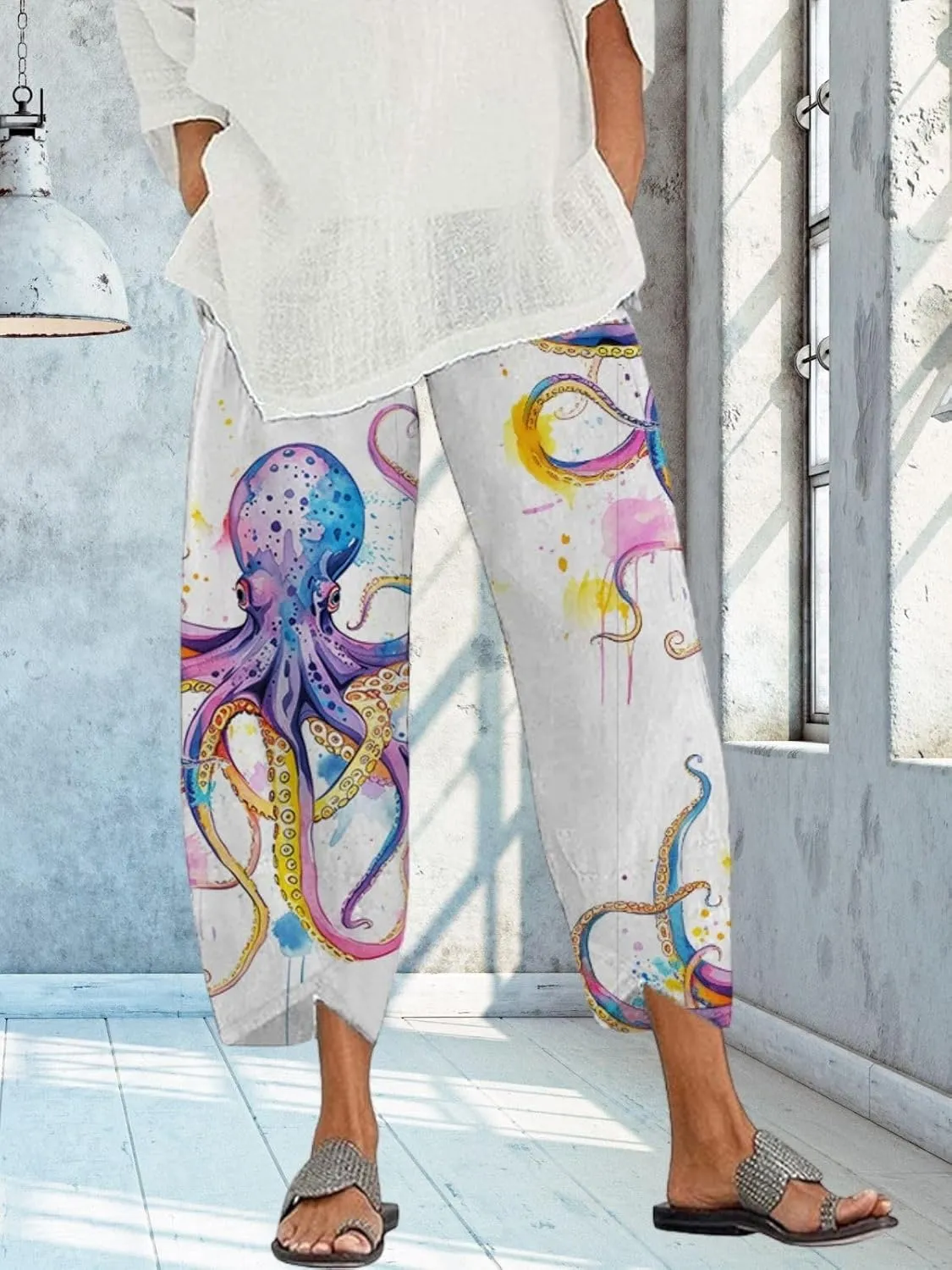 Capris Linen Pants for Women Ocean Japanese Art Printed Baggy Cropped Wide Leg Pallazzo Trousers Fish Pants for Beach