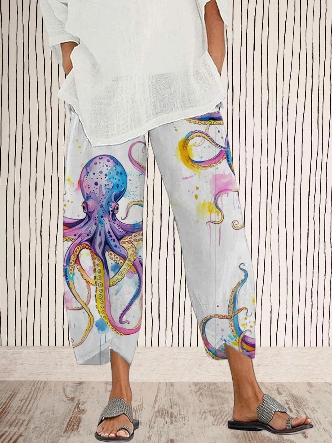 Capris Linen Pants for Women Ocean Japanese Art Printed Baggy Cropped Wide Leg Pallazzo Trousers Fish Pants for Beach
