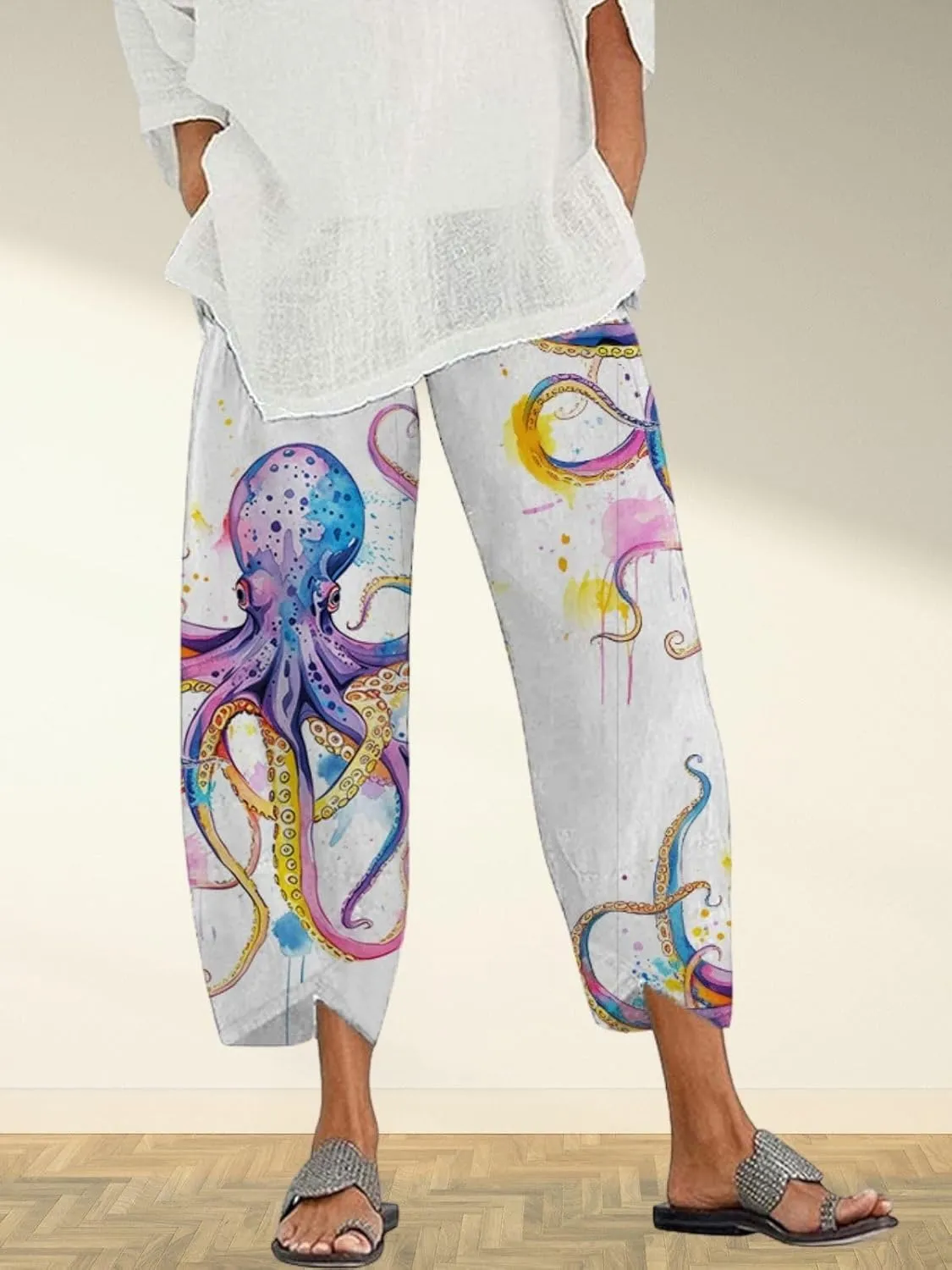 Capris Linen Pants for Women Ocean Japanese Art Printed Baggy Cropped Wide Leg Pallazzo Trousers Fish Pants for Beach
