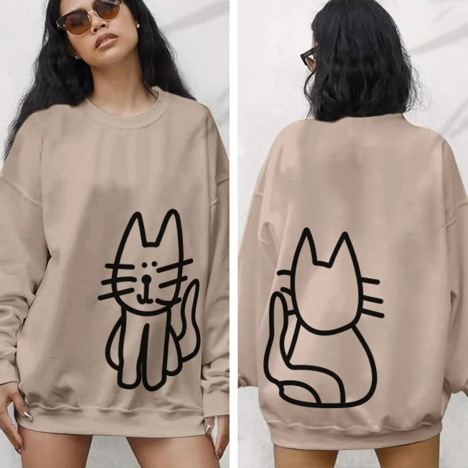 Cat Sweatshirts for Women Graphic Oversized Sweatshirt Funny Long Sleeve Shirt Cute Pullover Fleece Hoodie Tops