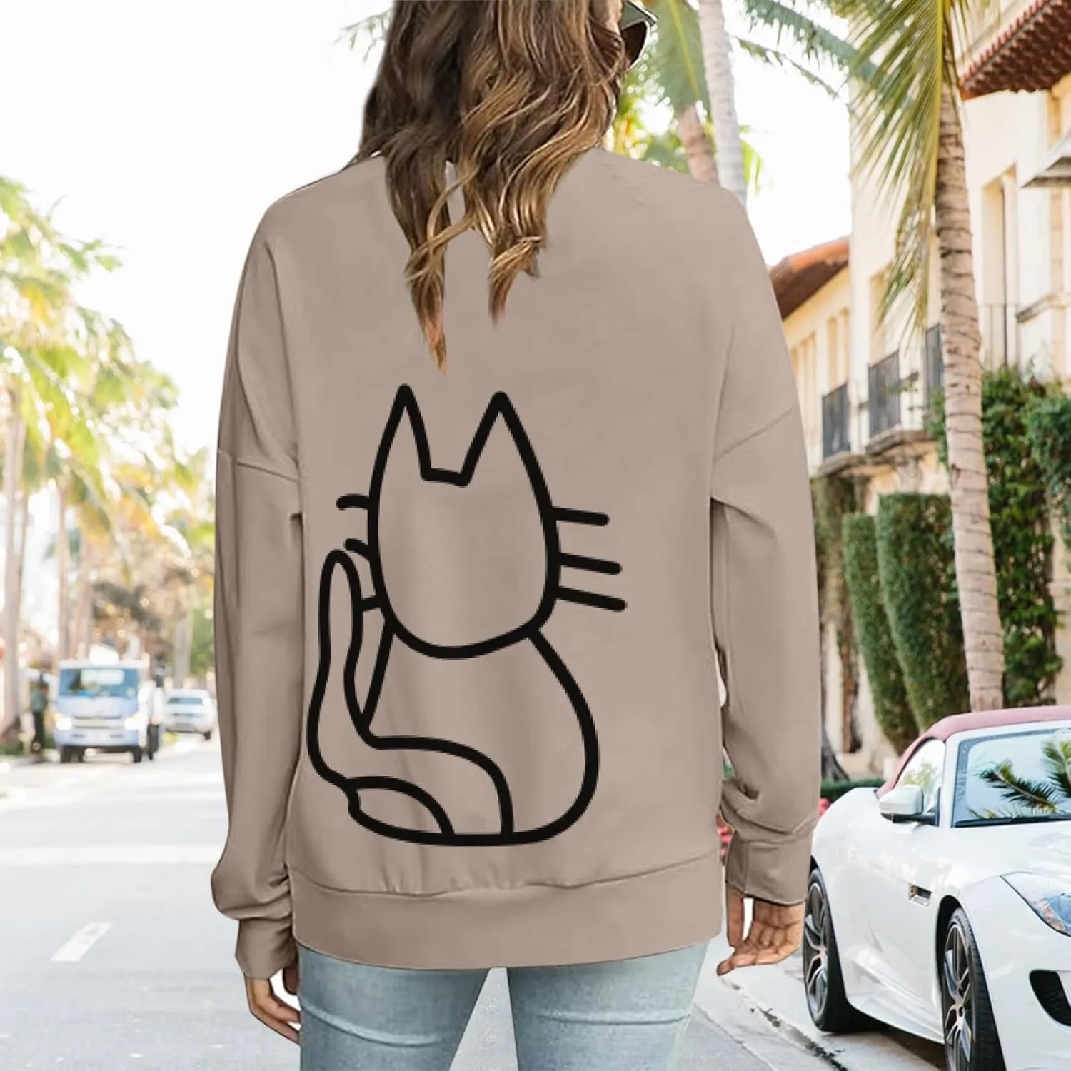 Cat Sweatshirts for Women Graphic Oversized Sweatshirt Funny Long Sleeve Shirt Cute Pullover Fleece Hoodie Tops