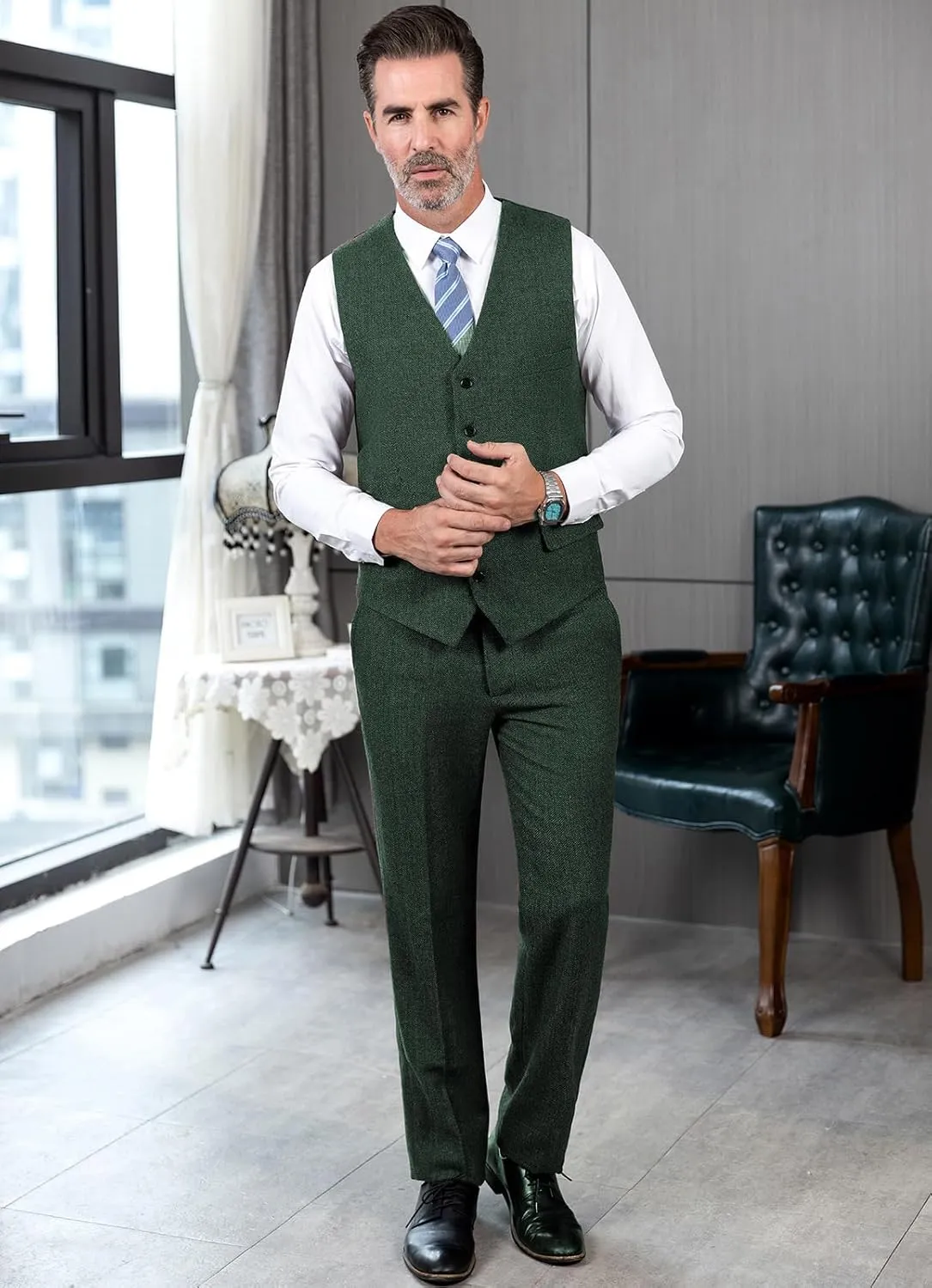 Ceehuteey Men's Retro Dress Suit Pants Thick Wool Flat Front Herringbone Tweed Trousers