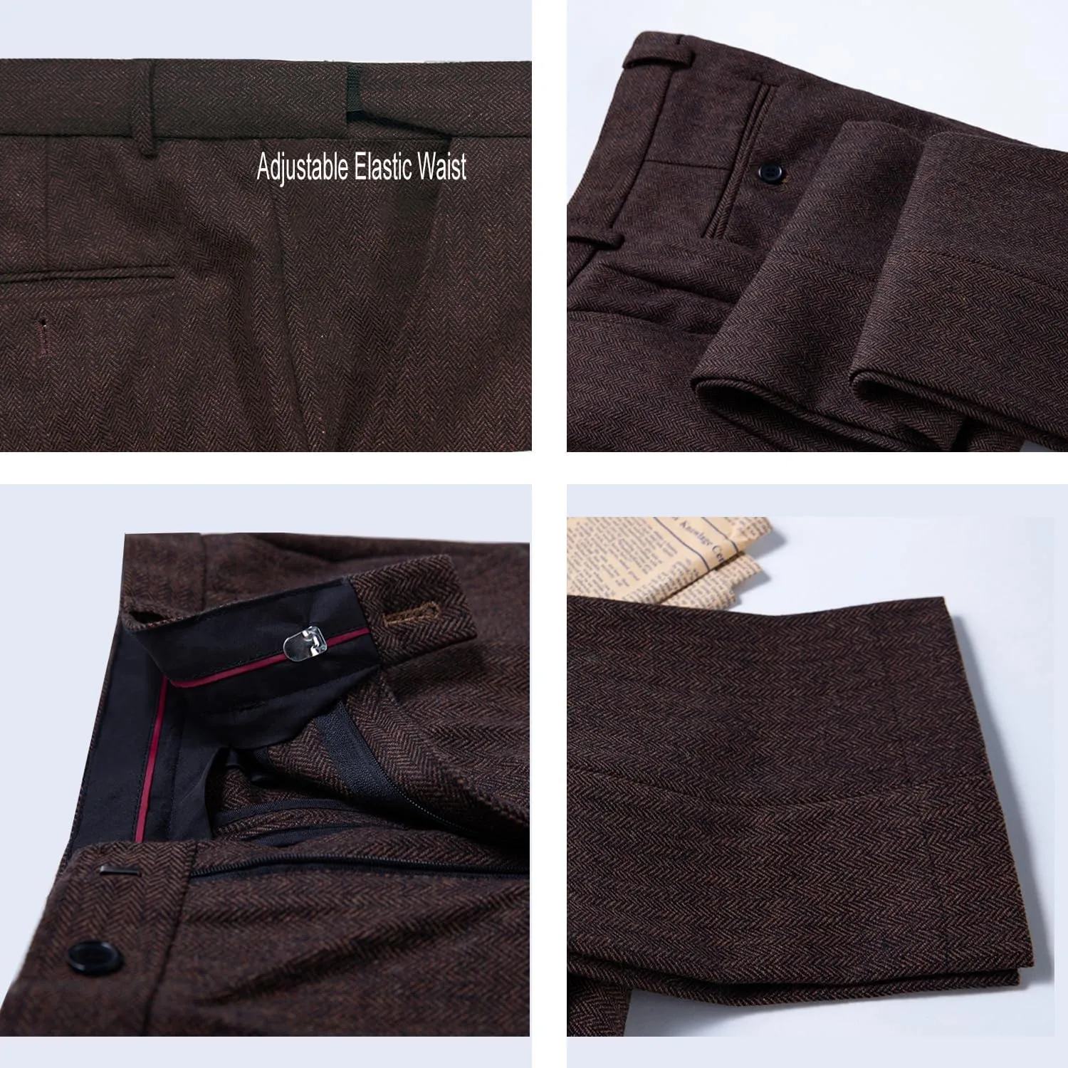 Ceehuteey Men's Retro Dress Suit Pants Thick Wool Flat Front Herringbone Tweed Trousers