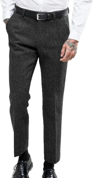 Ceehuteey Men's Retro Dress Suit Pants Thick Wool Flat Front Herringbone Tweed Trousers