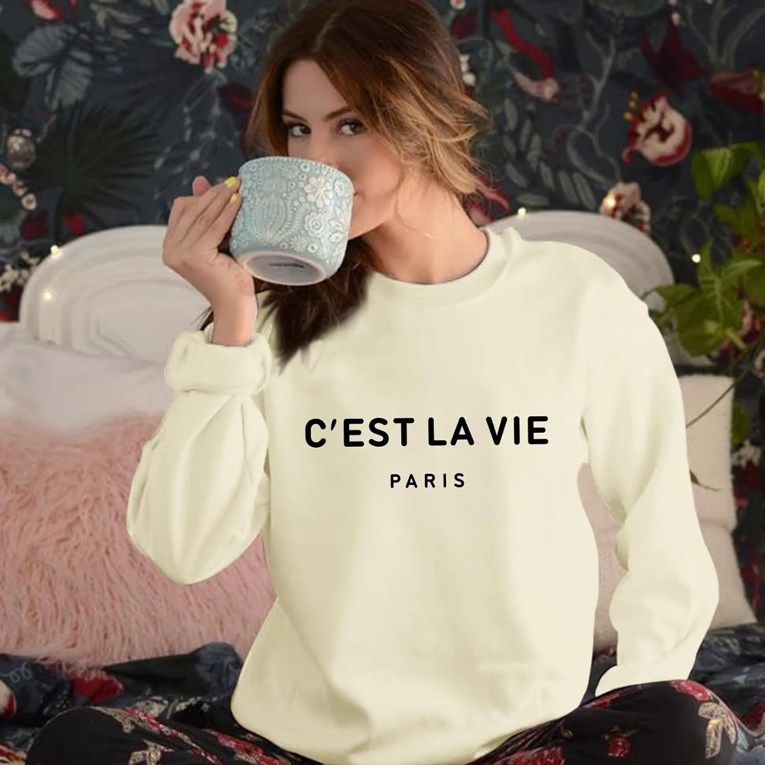 C'est La Vie Paris Sweatshirt For Women Oversized Graphic Crewneck Hoodie Casual Long Sleeve Shirt Pullover Tops