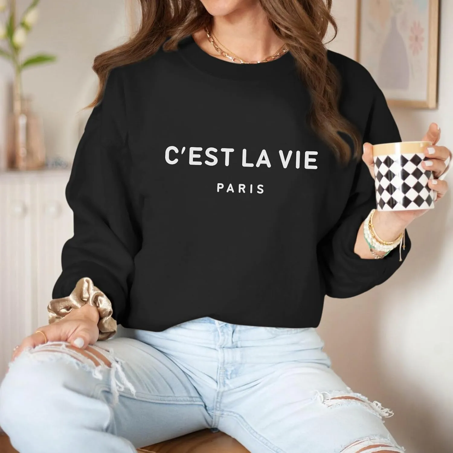 C'est La Vie Paris Sweatshirt For Women Oversized Graphic Crewneck Hoodie Casual Long Sleeve Shirt Pullover Tops