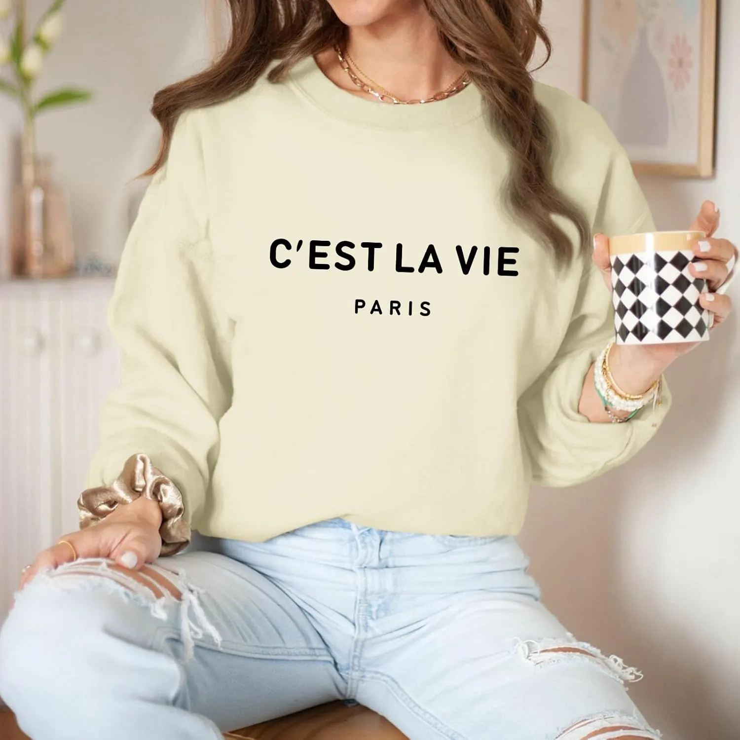 C'est La Vie Paris Sweatshirt For Women Oversized Graphic Crewneck Hoodie Casual Long Sleeve Shirt Pullover Tops