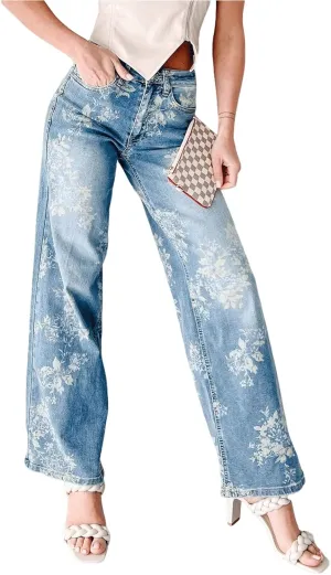 CHARTOU Women High Rise Wide Leg Jeans Baggy Floral Printed Jeans Retro Washed Denim Pants with Pockets