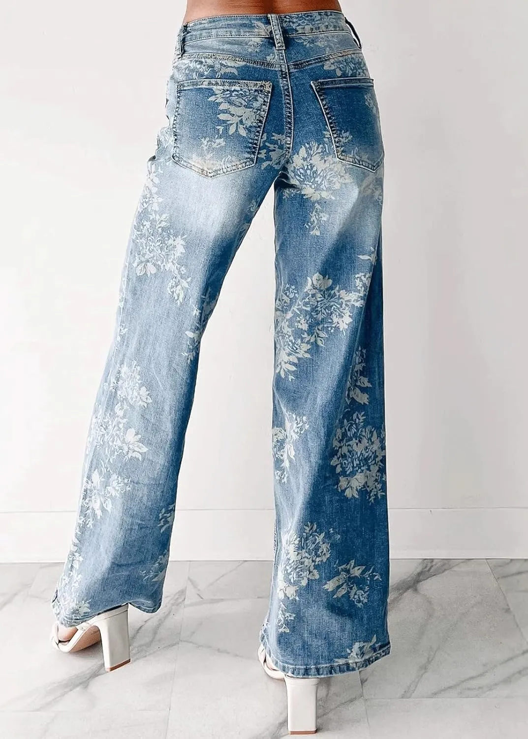CHARTOU Women High Rise Wide Leg Jeans Baggy Floral Printed Jeans Retro Washed Denim Pants with Pockets