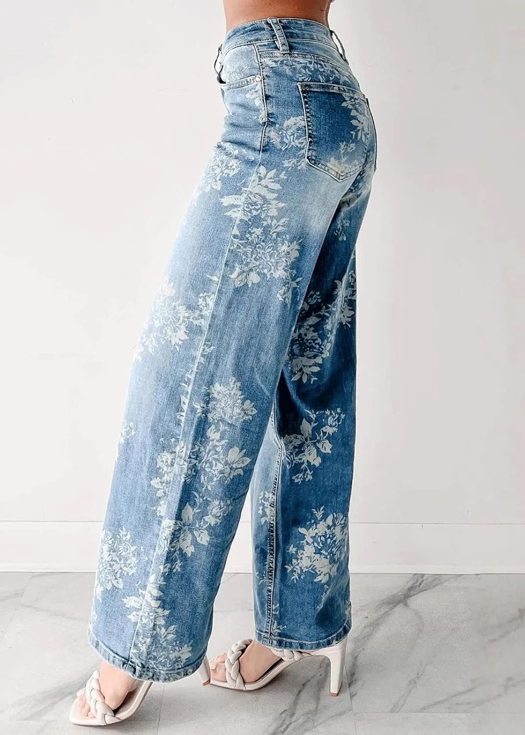 CHARTOU Women High Rise Wide Leg Jeans Baggy Floral Printed Jeans Retro Washed Denim Pants with Pockets