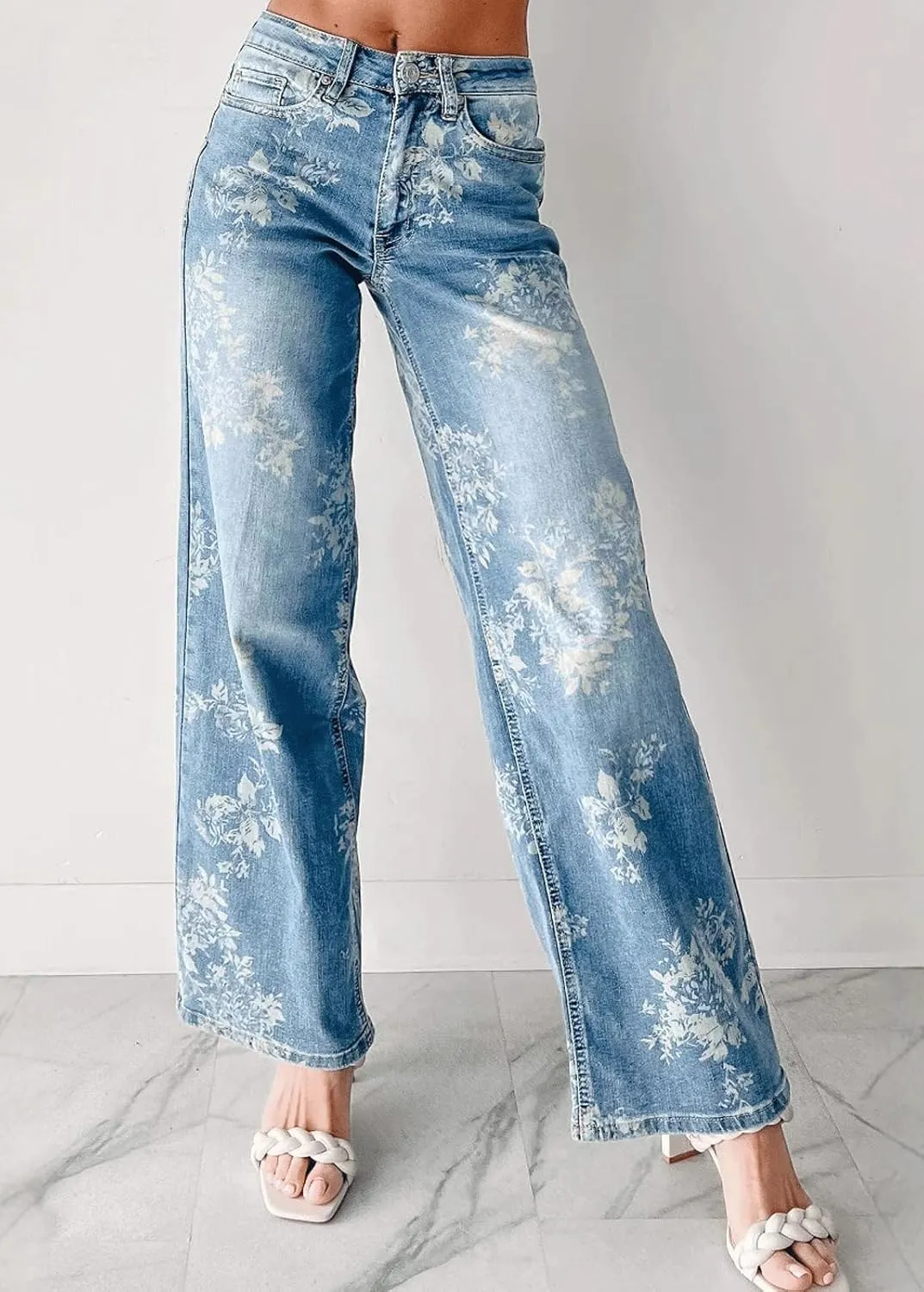 CHARTOU Women High Rise Wide Leg Jeans Baggy Floral Printed Jeans Retro Washed Denim Pants with Pockets