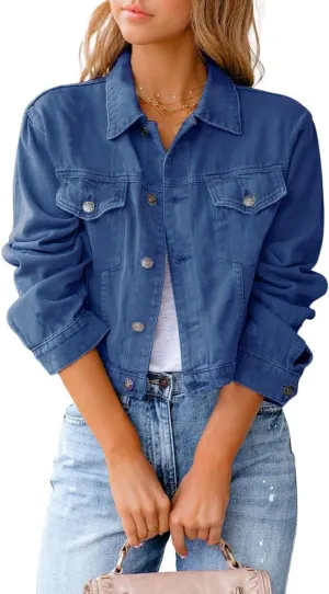CHARTOU Women's Solid Candy Color Button Down Denim Cropped Jean Jacket Coat