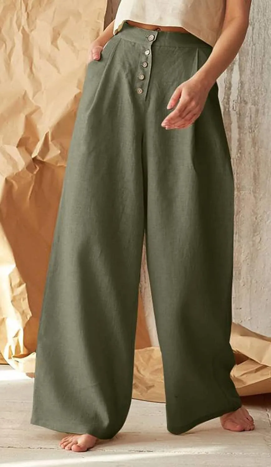 CHARTOU Women's Summer Button High Waist Wide Leg Cotton Linen Palazzo Pants with Pockets