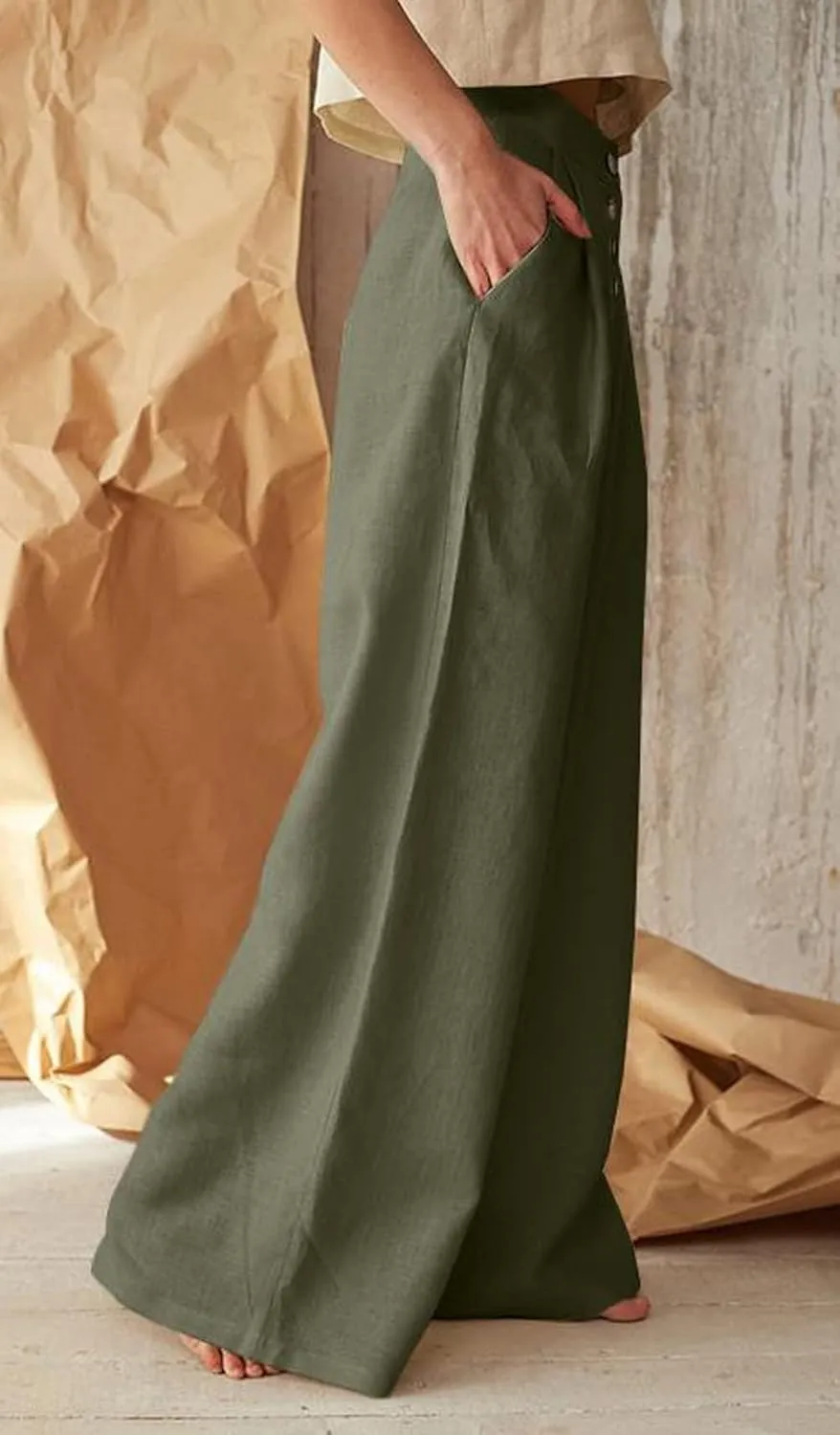 CHARTOU Women's Summer Button High Waist Wide Leg Cotton Linen Palazzo Pants with Pockets