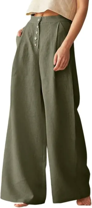 CHARTOU Women's Summer Button High Waist Wide Leg Cotton Linen Palazzo Pants with Pockets