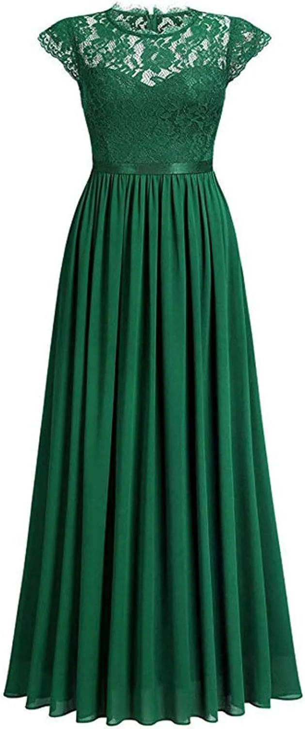 Chiffon Dress Lace Stitching Maxi Dress Bridesmaids Evening Gowns Wedding Guest Dresses Short Sleeve High Waist Dress
