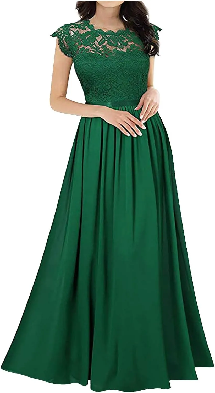 Chiffon Dress Lace Stitching Maxi Dress Bridesmaids Evening Gowns Wedding Guest Dresses Short Sleeve High Waist Dress