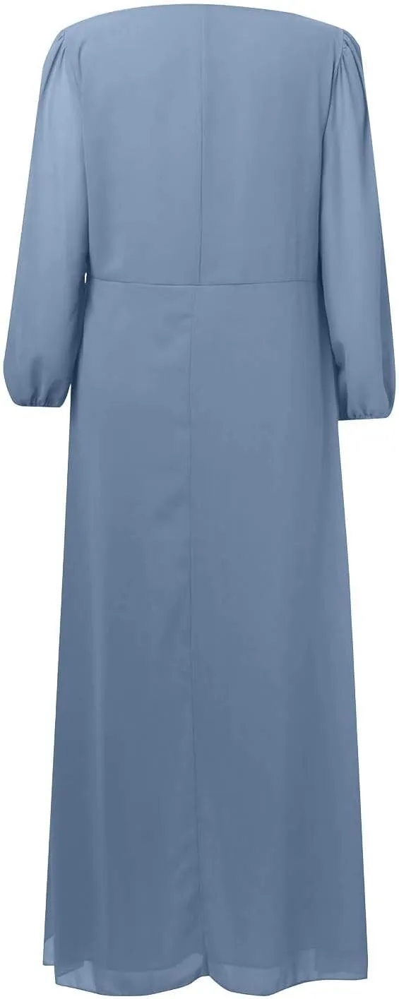 Chiffon Dresses for Women Summer Flowy Ruffle Mini Dress Elegant V Neck 3/4 Lantern Sleeve Party Cocktail Wedding Guest Dress