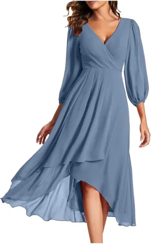 Chiffon Dresses for Women Summer Flowy Ruffle Mini Dress Elegant V Neck 3/4 Lantern Sleeve Party Cocktail Wedding Guest Dress