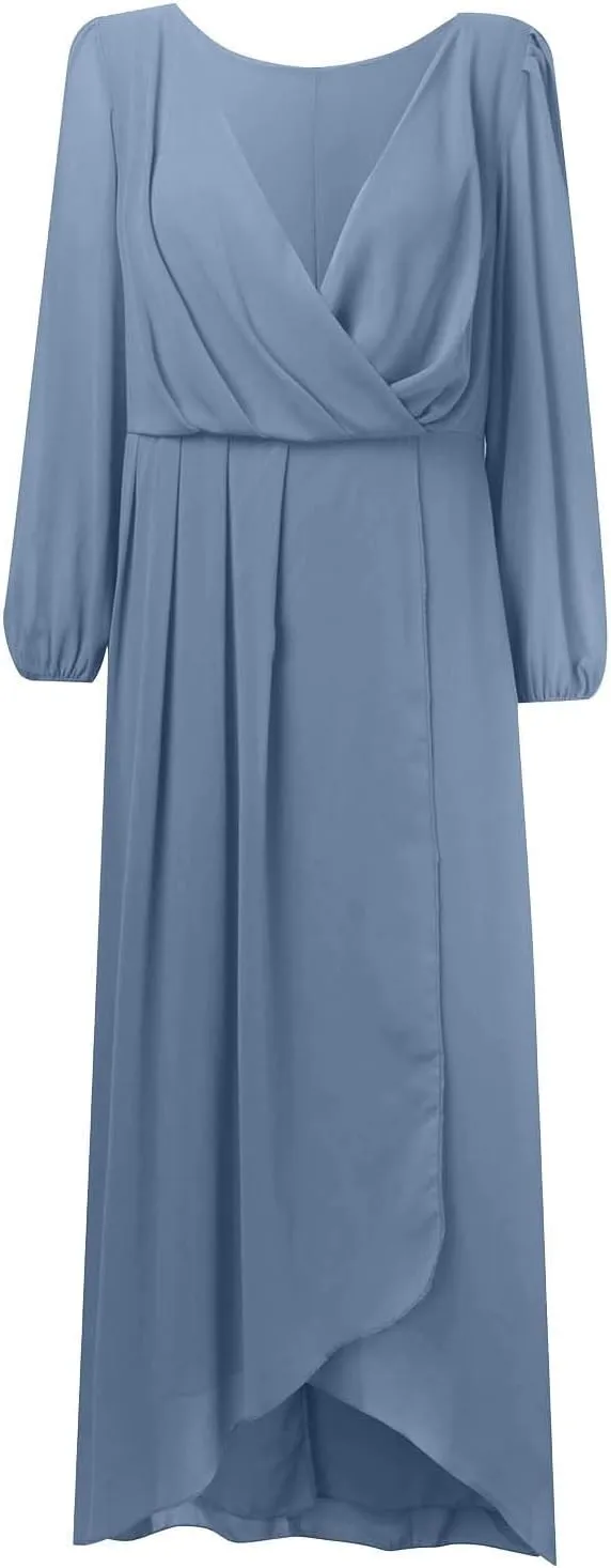 Chiffon Dresses for Women Summer Flowy Ruffle Mini Dress Elegant V Neck 3/4 Lantern Sleeve Party Cocktail Wedding Guest Dress