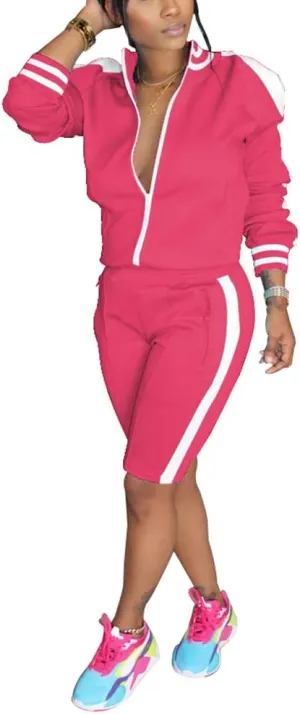 Choichic Jogging Suits for Women - Sweat Suits Set Zipper Hoodies Sweatshirt   Short Pants Athletic Tracksuit Set