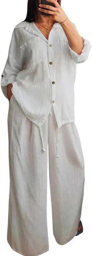 chouyatou Women's 2 Piece Outfits Long Sleeve Button Down Shirt Wide leg Palazzo Pants Matching Set
