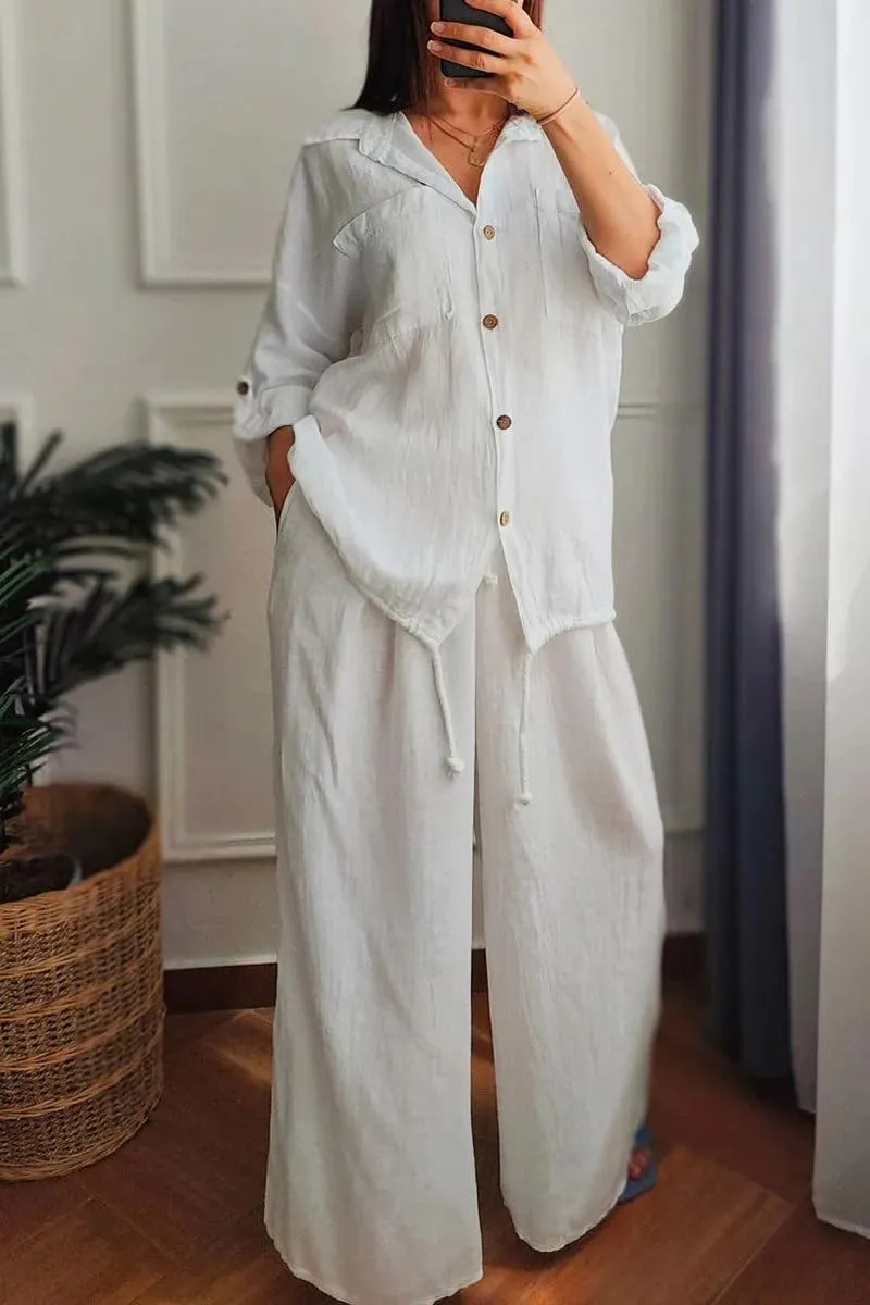 chouyatou Women's 2 Piece Outfits Long Sleeve Button Down Shirt Wide leg Palazzo Pants Matching Set