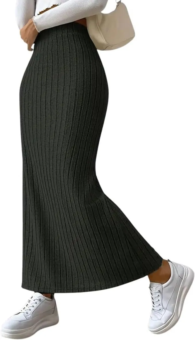 chouyatou Women's Casual High Waist Knit Skirt Side Split A-Line Bodycon Skirt Maxi Long Skirt