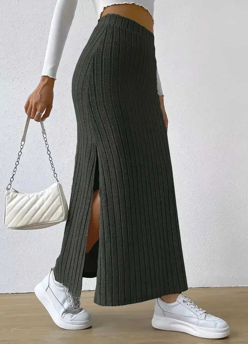 chouyatou Women's Casual High Waist Knit Skirt Side Split A-Line Bodycon Skirt Maxi Long Skirt