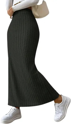chouyatou Women's Casual High Waist Knit Skirt Side Split A-Line Bodycon Skirt Maxi Long Skirt