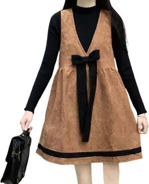chouyatou Women's Corduroy Babydoll Tunic Tank Dress Cute Bowknot Jumper Overall Dress with Pockets