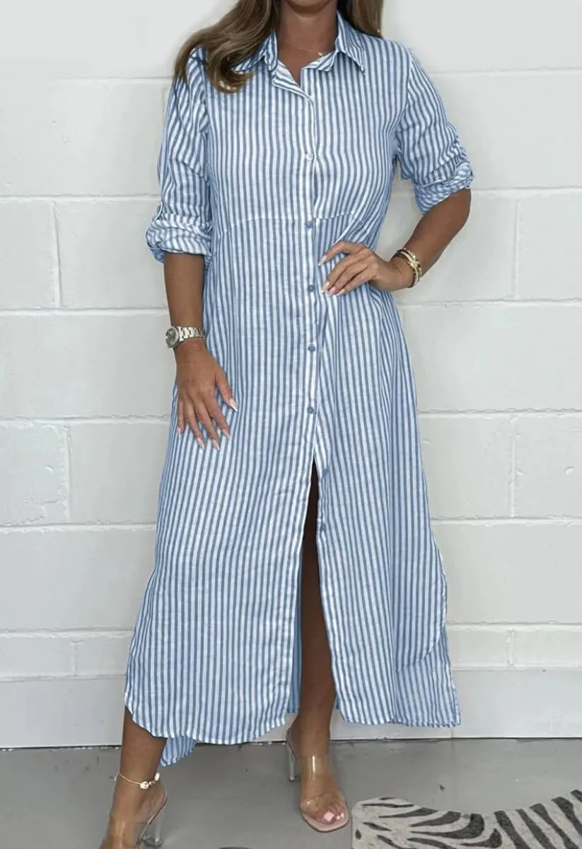 chouyatou Women's Long Sleeve Striped Shirt Dress Casual Loose Button Down Maxi Long Tunic Dress