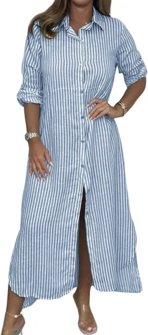 chouyatou Women's Long Sleeve Striped Shirt Dress Casual Loose Button Down Maxi Long Tunic Dress