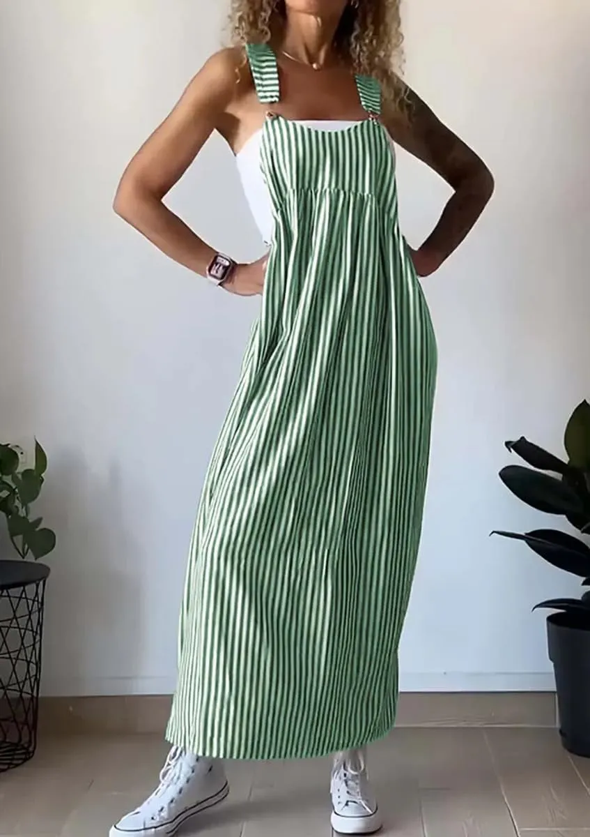 chouyatou Women's Summer Boho Adjustable Strap Striped Tunic Dress Casual Loose Beach Midi Long Dress