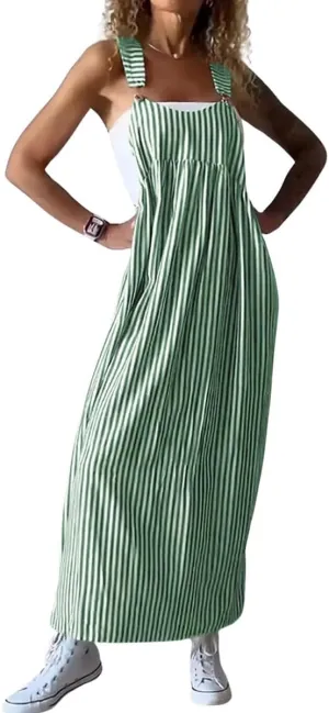 chouyatou Women's Summer Boho Adjustable Strap Striped Tunic Dress Casual Loose Beach Midi Long Dress