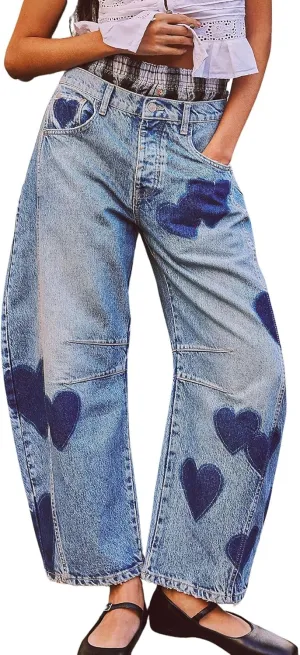 chouyatou Women's Y2k Baggy Wide Leg Denim Pants Boho Floral Printed Boyfriend Barrel Jeans with Pockets