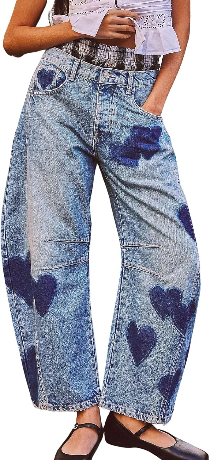 chouyatou Women's Y2k Baggy Wide Leg Denim Pants Boho Floral Printed Boyfriend Barrel Jeans with Pockets