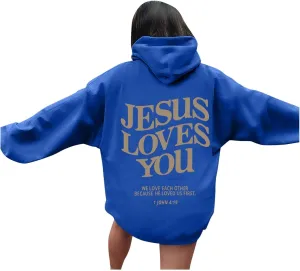 Christian Hoodies Women Men Jesus Loves You Letter Graphic Sweatshirt Casual Long Sleeve Oversized Y2k Pullover Tops