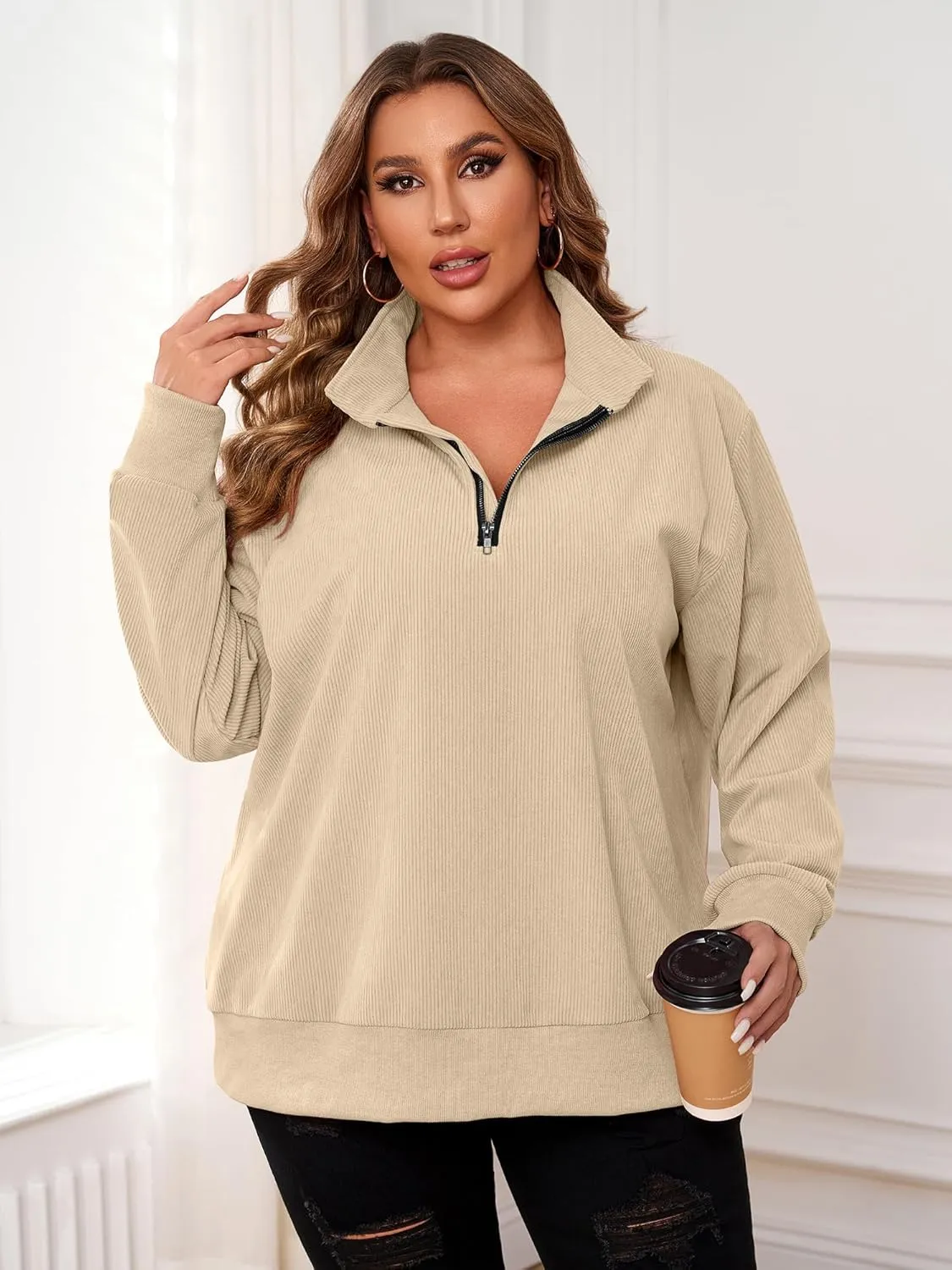 Chulianyouhuo Women Plus Size Oversized Sweatshirt Ribbed Corduroy Half Zip Pullover Tops Casual Long Sleeve Hoodies Clothes