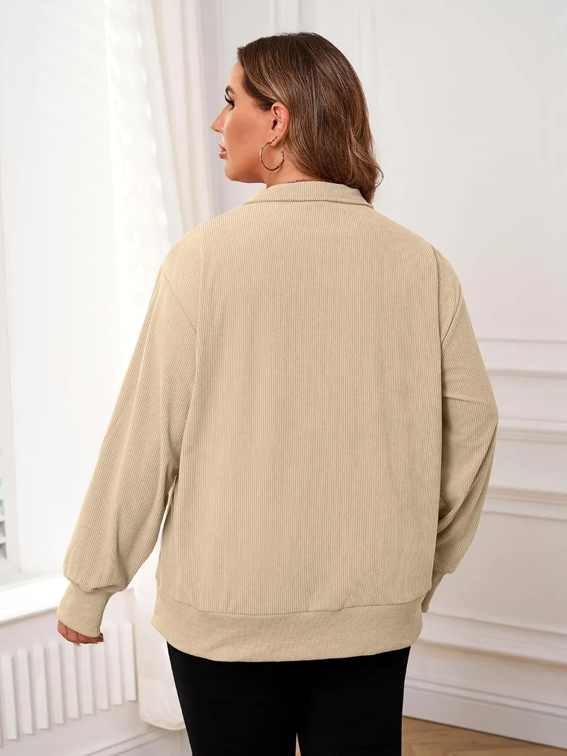 Chulianyouhuo Women Plus Size Oversized Sweatshirt Ribbed Corduroy Half Zip Pullover Tops Casual Long Sleeve Hoodies Clothes