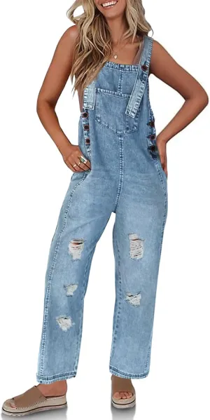 Cicy Bell Womens Denim Overalls Loose Fit Summer Baggy Distressed Adjustable Strap Jeans Overall Jumpsuits