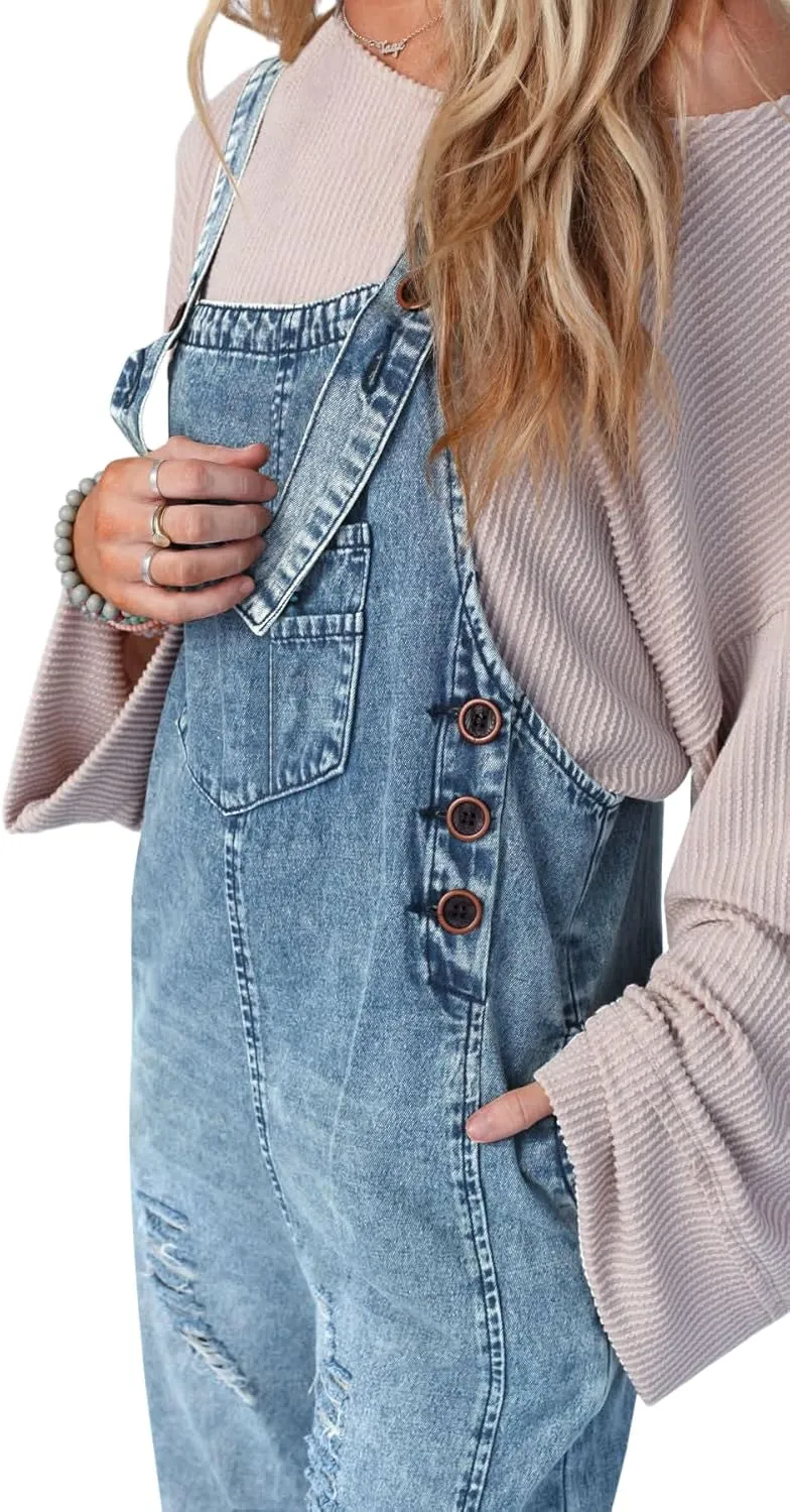 Cicy Bell Womens Denim Overalls Loose Fit Summer Baggy Distressed Adjustable Strap Jeans Overall Jumpsuits