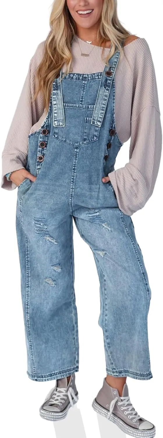 Cicy Bell Womens Denim Overalls Loose Fit Summer Baggy Distressed Adjustable Strap Jeans Overall Jumpsuits