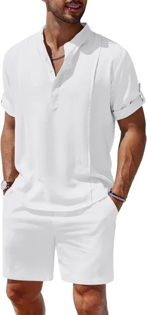 COOFANDY Men's 2 Pieces Linen Set Henley Shirt Short Sleeve and Shorts Summer Beach Yoga Matching Outfits