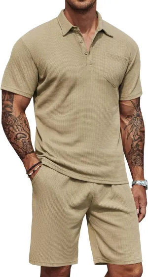COOFANDY Men's Waffle Knit Polo Shirt and Shorts Set 2 Pieces Outfits Summer Suit Casual Tracksuit with Pockets