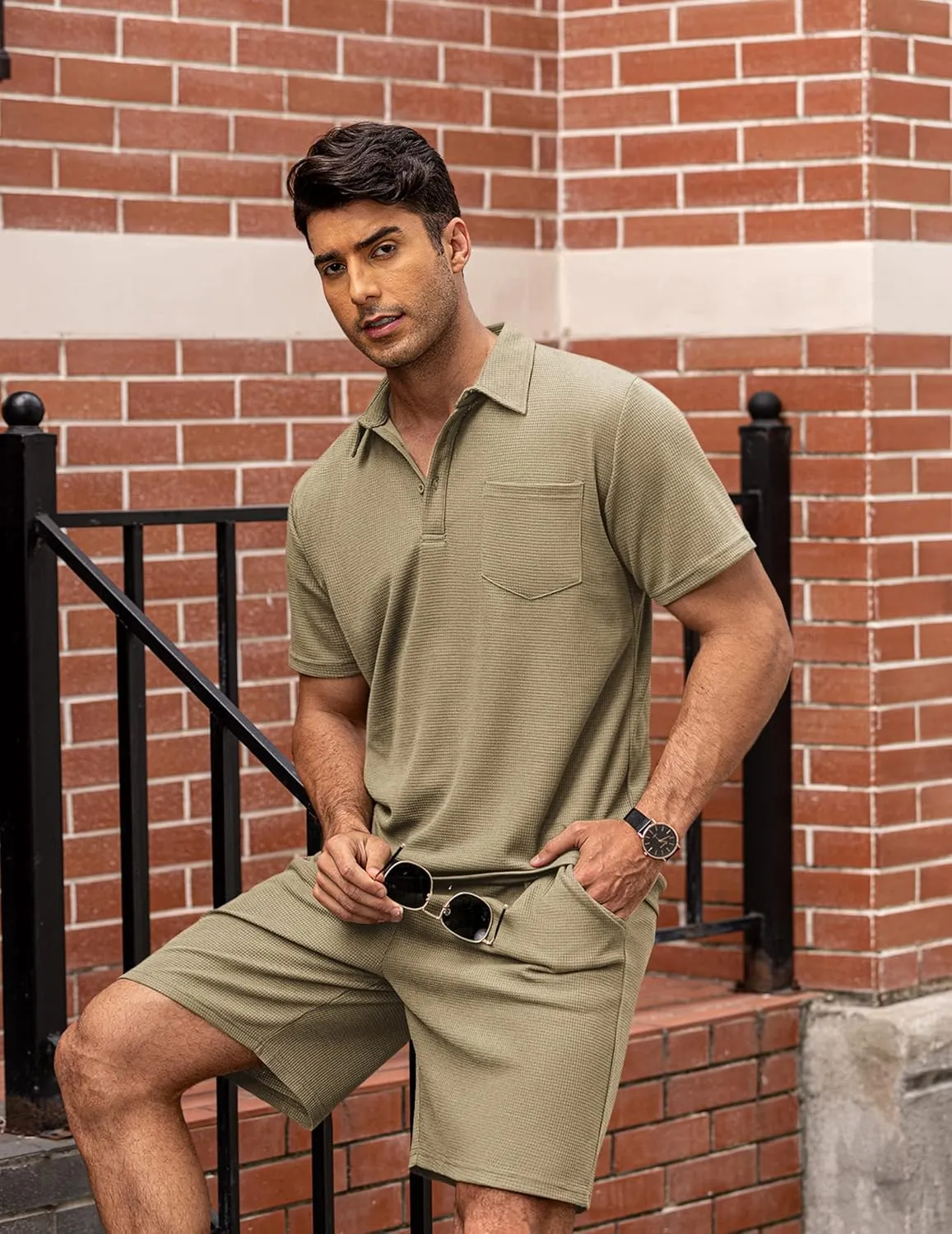 COOFANDY Men's Waffle Knit Polo Shirt and Shorts Set 2 Pieces Outfits Summer Suit Casual Tracksuit with Pockets
