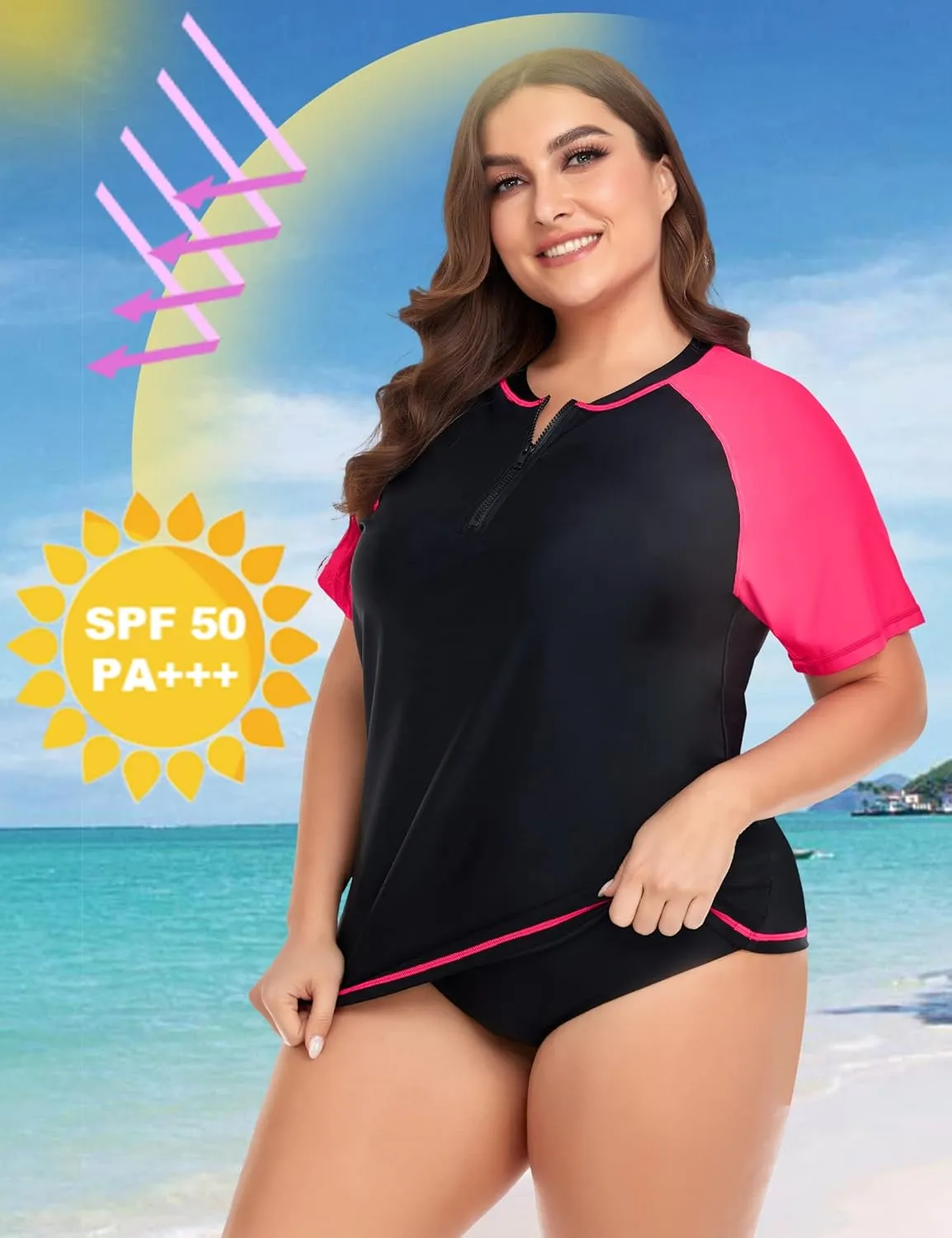 COOTRY Womens Plus Size Rash Guard Short Sleeve Swim Shirt UPF 50  Sun Protection Zip Swimsuit Tops