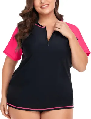 COOTRY Womens Plus Size Rash Guard Short Sleeve Swim Shirt UPF 50  Sun Protection Zip Swimsuit Tops