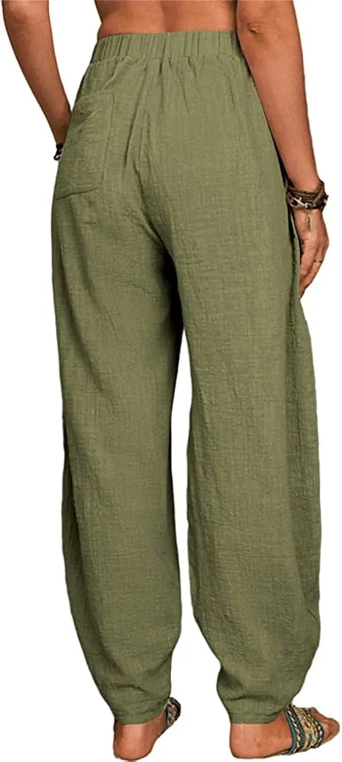 Cotton Linen Trousers for Womens Drawstring Lightweight High Elastic Waist Loose Fit Wide Leg Trousers with Pockets