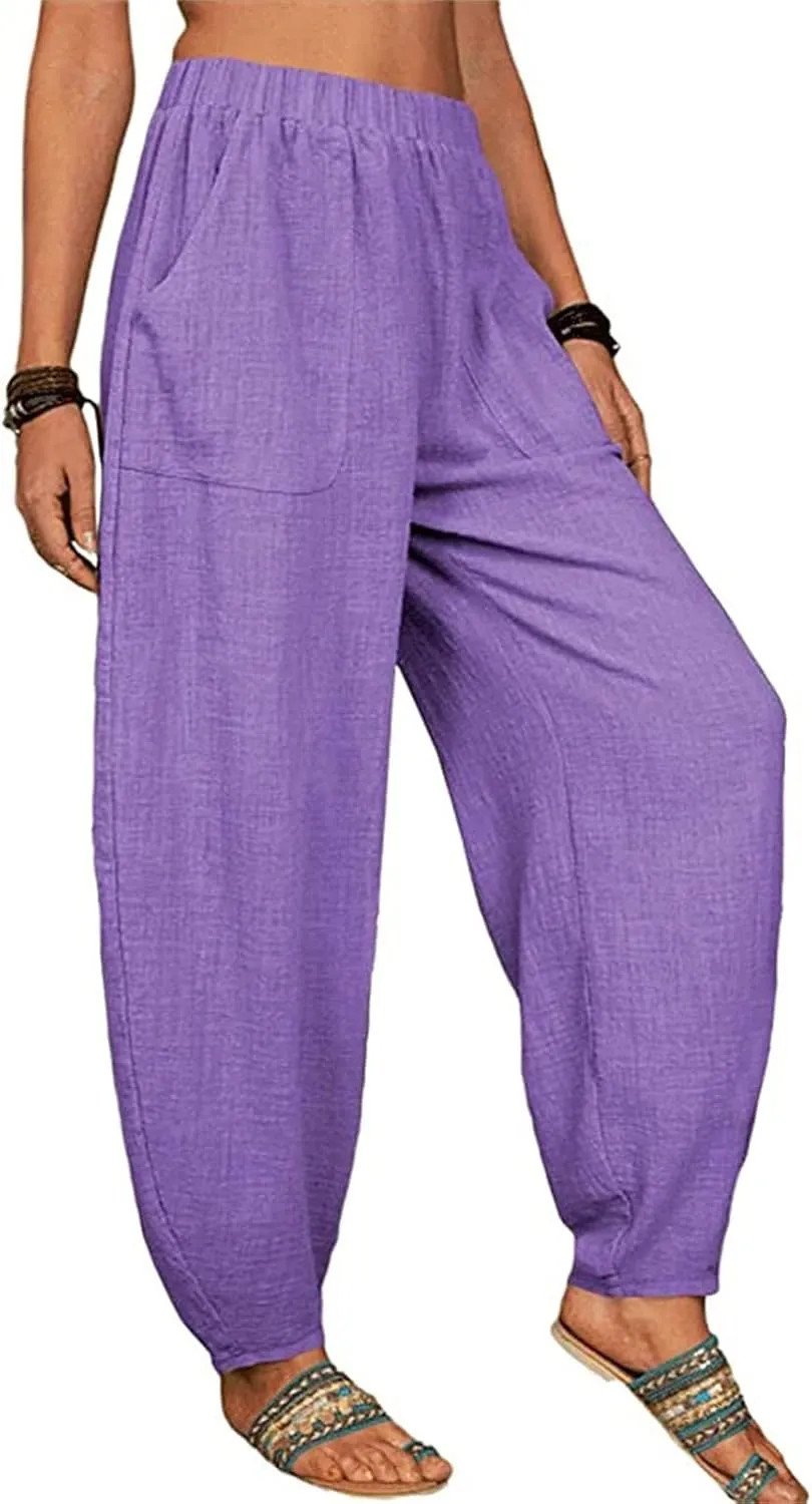 Cotton Linen Trousers for Womens Drawstring Lightweight High Elastic Waist Loose Fit Wide Leg Trousers with Pockets